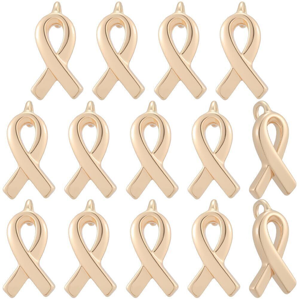 9886 1 Box 14Pcs Awareness Ribbon Charms 18K Gold Plated Brass Cancer Hope